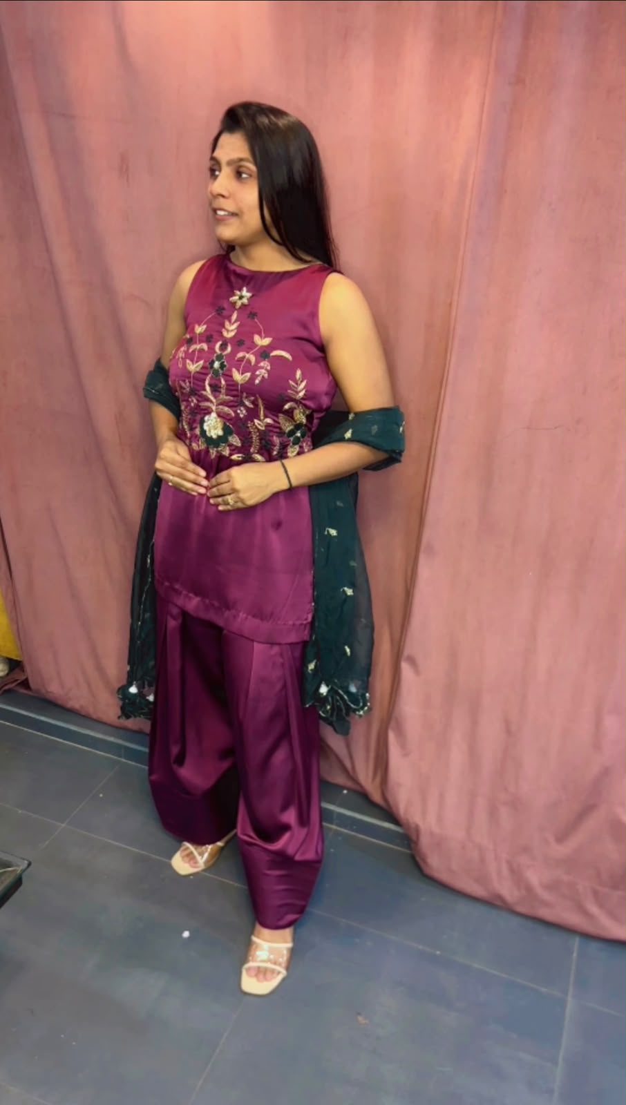 EMBROIDERED ARMANI SATIN FARSHI SALWAR SUIT